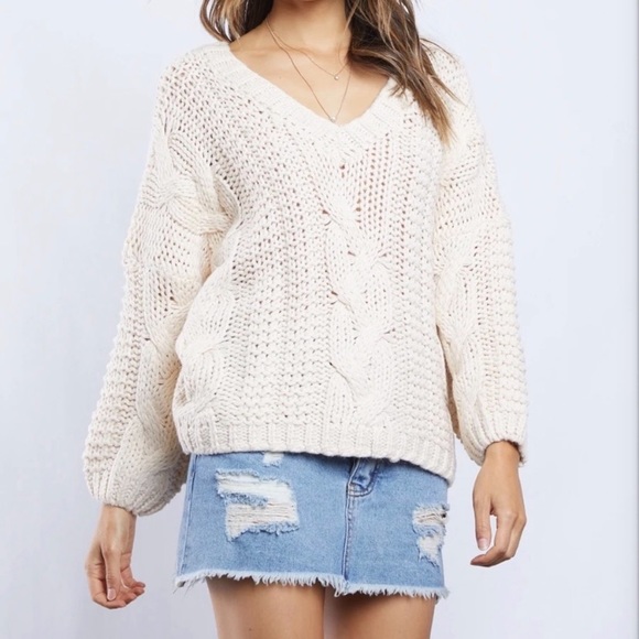 Beige Cable Knit Balloon Sleeve Sweater - Picture 4 of 6